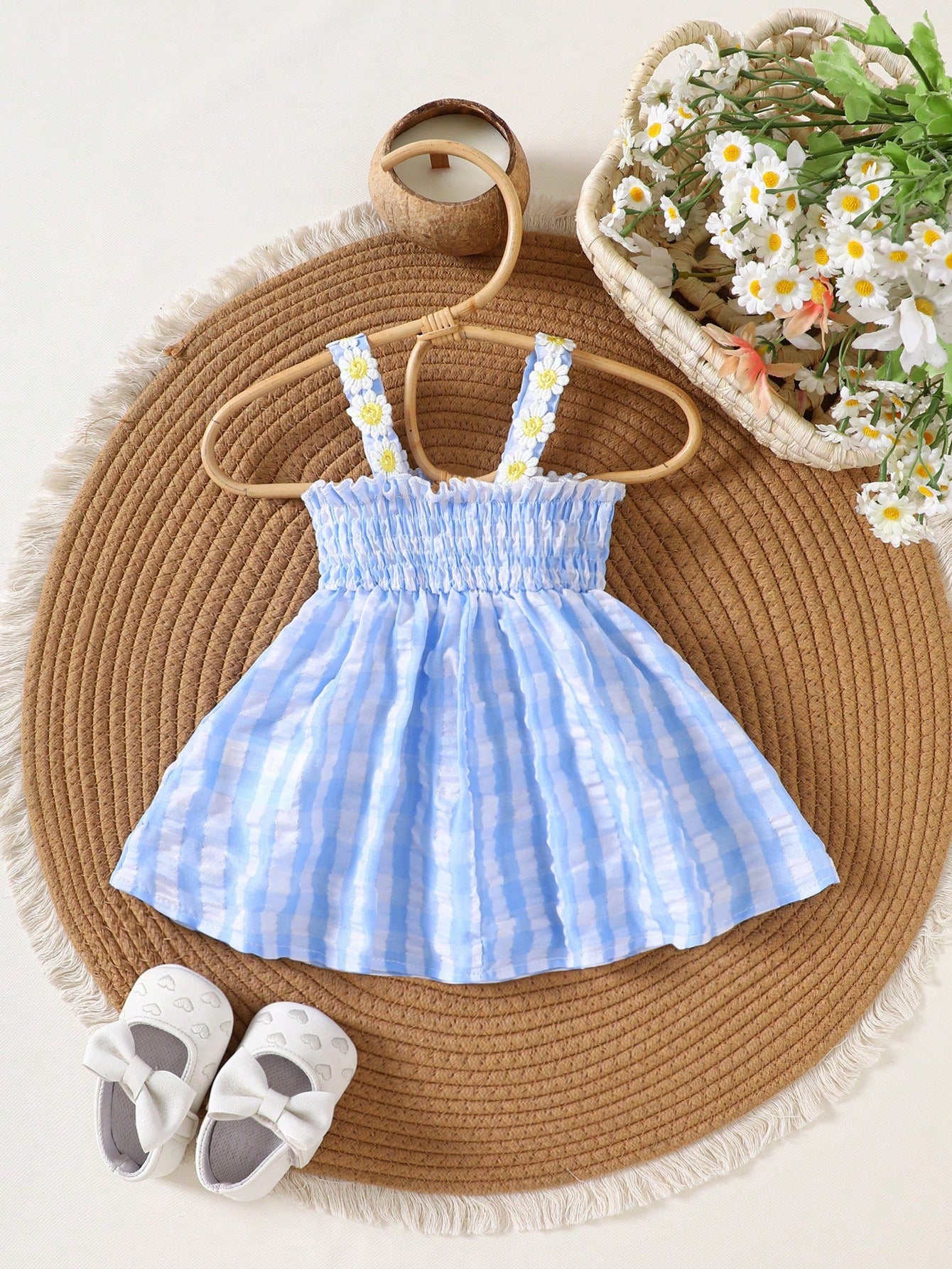 Newborn Baby Girls Cute Blue Plaid Cami Dress Summer Floral Embroidery Design Vacation Style Outing Clothes For Photo Shoot Parties&School 1-9M