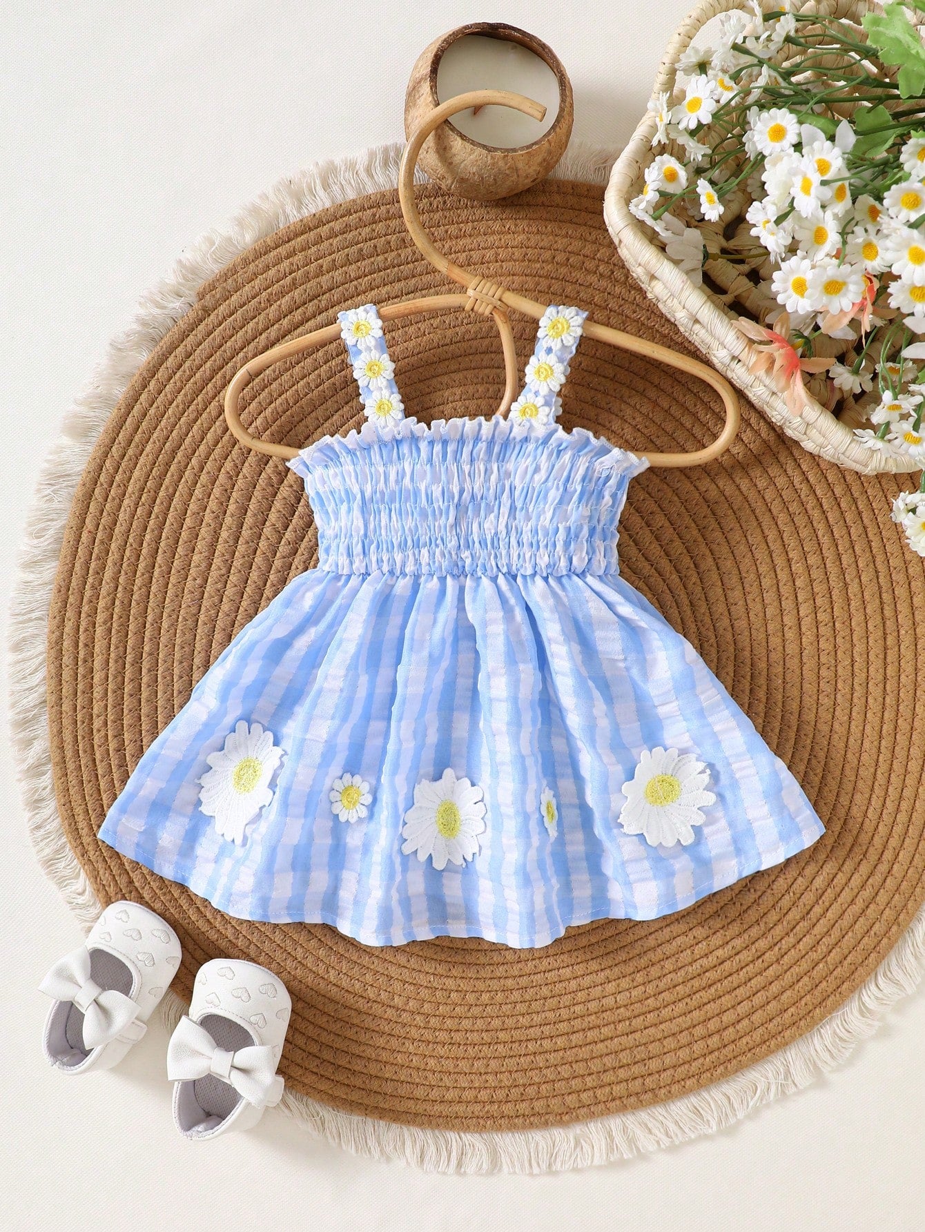 Newborn Baby Girls Cute Blue Plaid Cami Dress Summer Floral Embroidery Design Vacation Style Outing Clothes For Photo Shoot Parties&School 1-9M