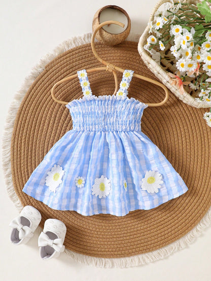 Newborn Baby Girls Cute Blue Plaid Cami Dress Summer Floral Embroidery Design Vacation Style Outing Clothes For Photo Shoot Parties&School 1-9M