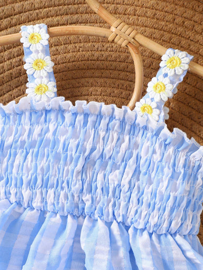Newborn Baby Girls Cute Blue Plaid Cami Dress Summer Floral Embroidery Design Vacation Style Outing Clothes For Photo Shoot Parties&School 1-9M