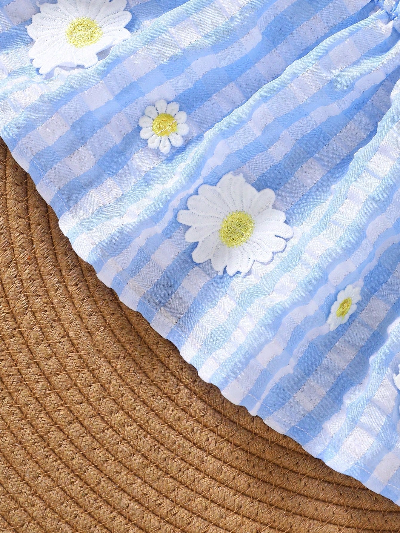Newborn Baby Girls Cute Blue Plaid Cami Dress Summer Floral Embroidery Design Vacation Style Outing Clothes For Photo Shoot Parties&School 1-9M