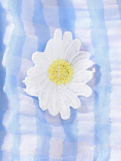 Newborn Baby Girls Cute Blue Plaid Cami Dress Summer Floral Embroidery Design Vacation Style Outing Clothes For Photo Shoot Parties&School 1-9M