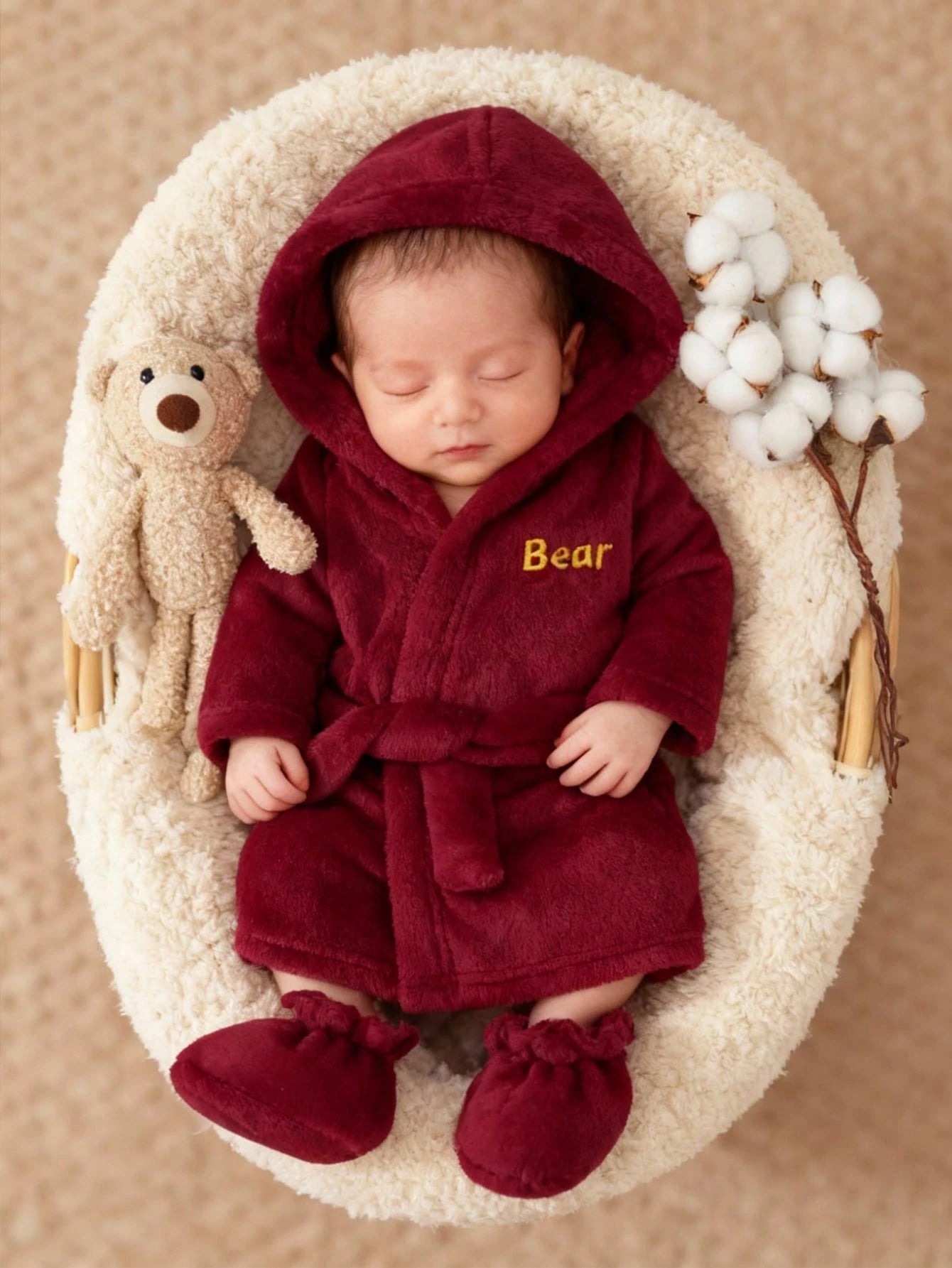 Newborn Baby Robe & Booties Set, Letter Pattern Design, Soft & Comfortable Fabric, Suitable For Children's Casual Wear