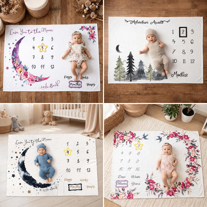 Newborn Forest Galaxy Floral Crescent Moon Theme Fabric Baby Monthly Milestone Commemorative Blanket, Cute Style Month Photo Prop Blanket, Photography Costume Accessory, Portrait Theme Blanket