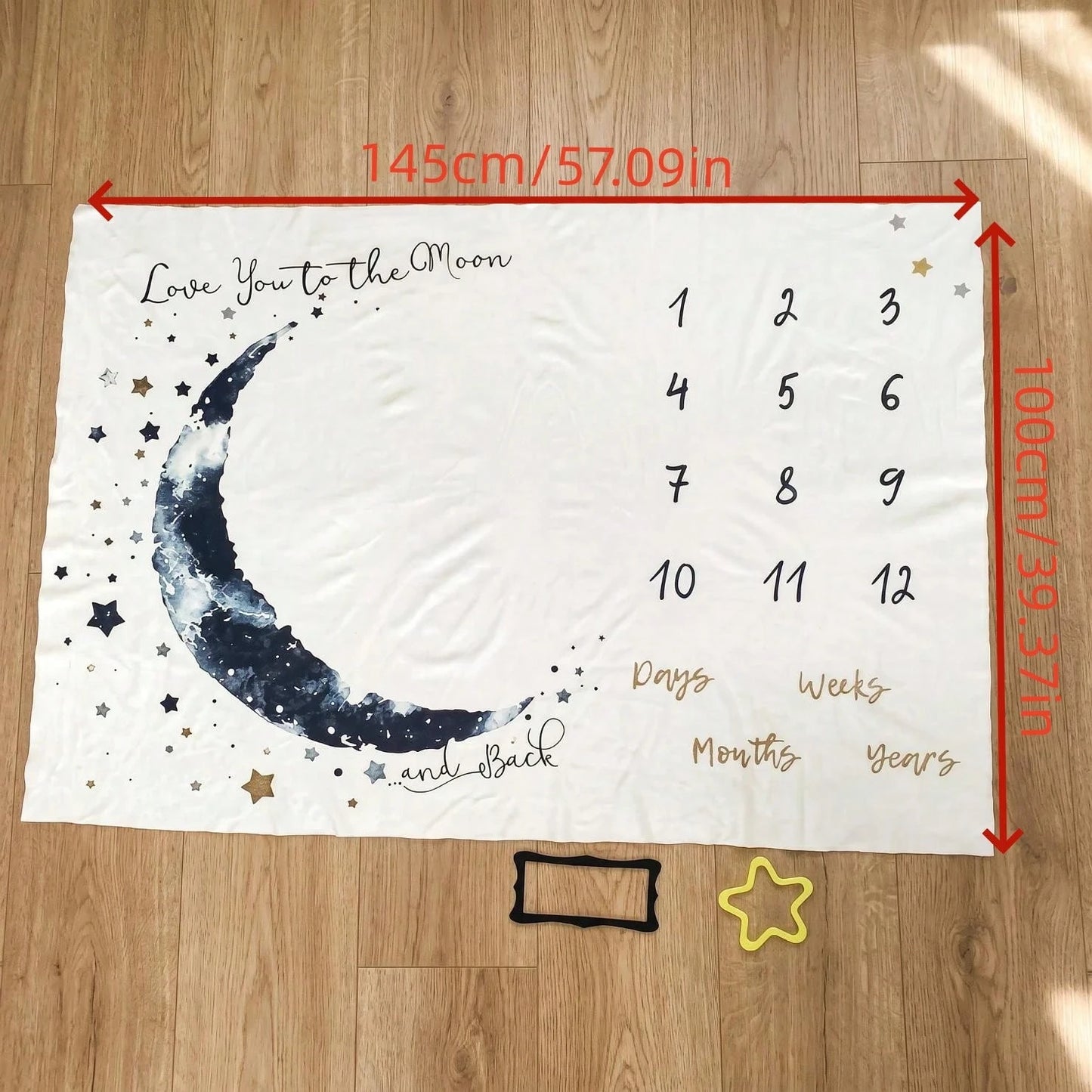 Newborn Forest Galaxy Floral Crescent Moon Theme Fabric Baby Monthly Milestone Commemorative Blanket, Cute Style Month Photo Prop Blanket, Photography Costume Accessory, Portrait Theme Blanket