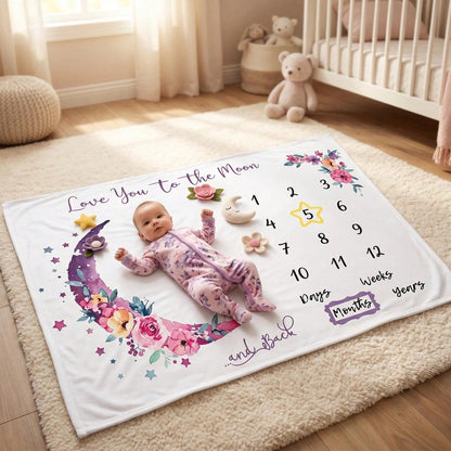 Newborn Forest Galaxy Floral Crescent Moon Theme Fabric Baby Monthly Milestone Commemorative Blanket, Cute Style Month Photo Prop Blanket, Photography Costume Accessory, Portrait Theme Blanket