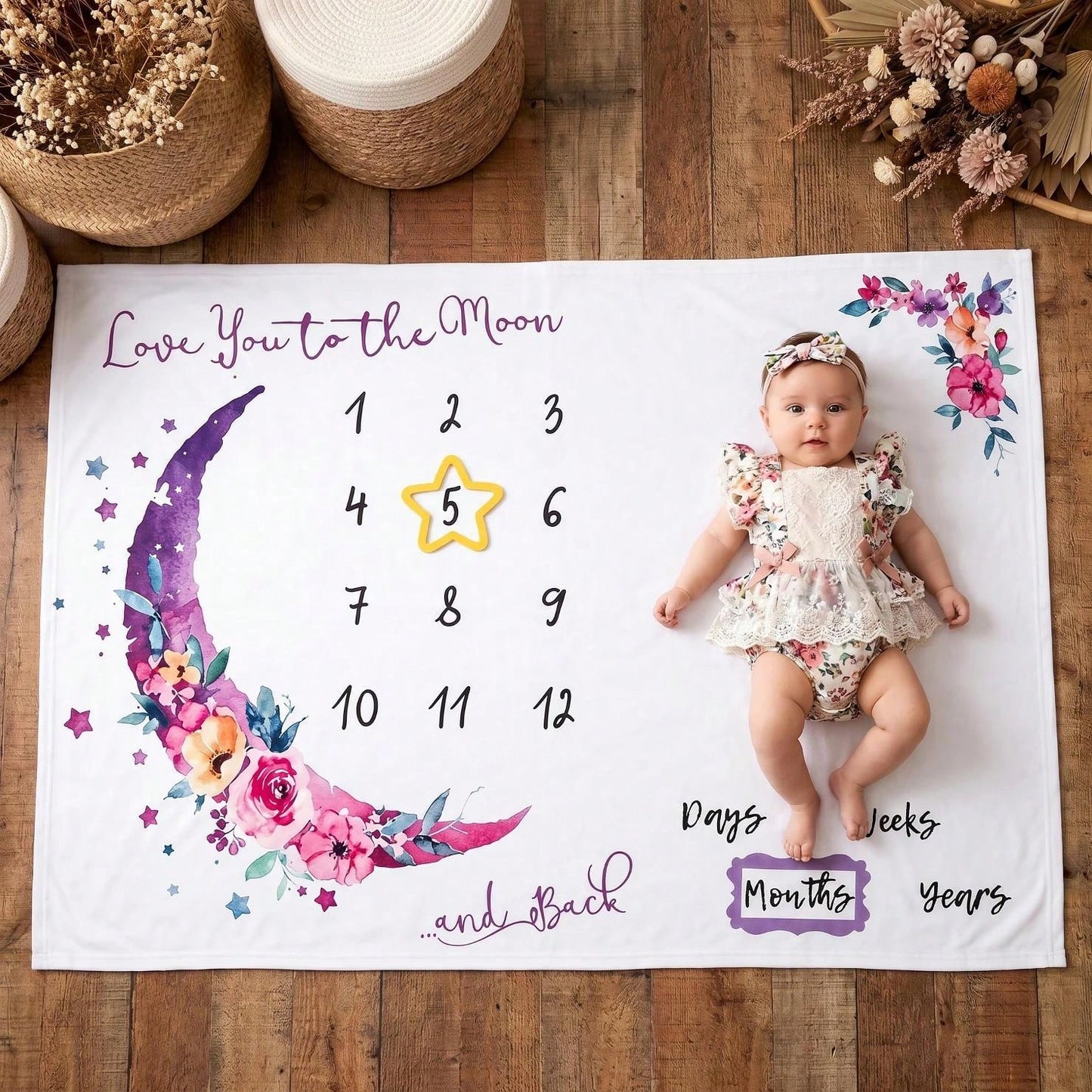 Newborn Forest Galaxy Floral Crescent Moon Theme Fabric Baby Monthly Milestone Commemorative Blanket, Cute Style Month Photo Prop Blanket, Photography Costume Accessory, Portrait Theme Blanket