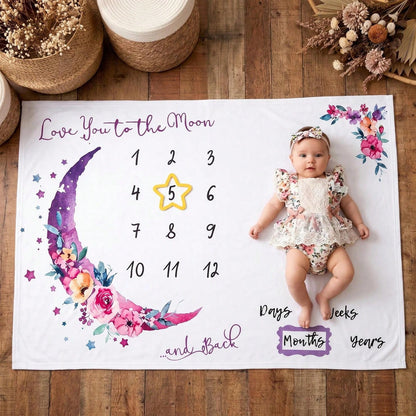 Newborn Forest Galaxy Floral Crescent Moon Theme Fabric Baby Monthly Milestone Commemorative Blanket, Cute Style Month Photo Prop Blanket, Photography Costume Accessory, Portrait Theme Blanket