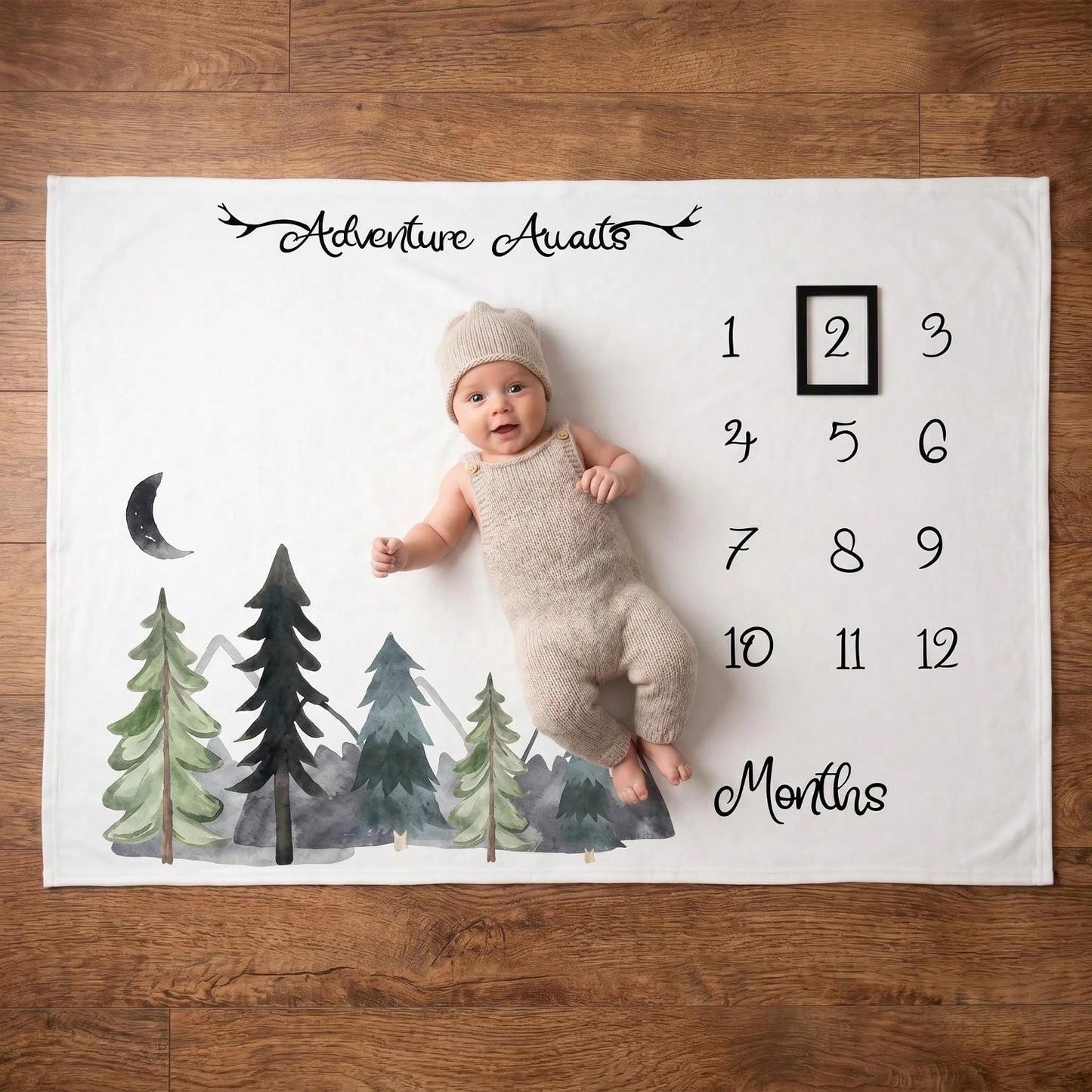 Newborn Forest Galaxy Floral Crescent Moon Theme Fabric Baby Monthly Milestone Commemorative Blanket, Cute Style Month Photo Prop Blanket, Photography Costume Accessory, Portrait Theme Blanket