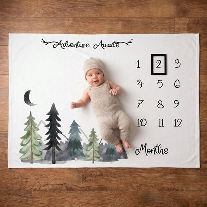 Newborn Forest Galaxy Floral Crescent Moon Theme Fabric Baby Monthly Milestone Commemorative Blanket, Cute Style Month Photo Prop Blanket, Photography Costume Accessory, Portrait Theme Blanket