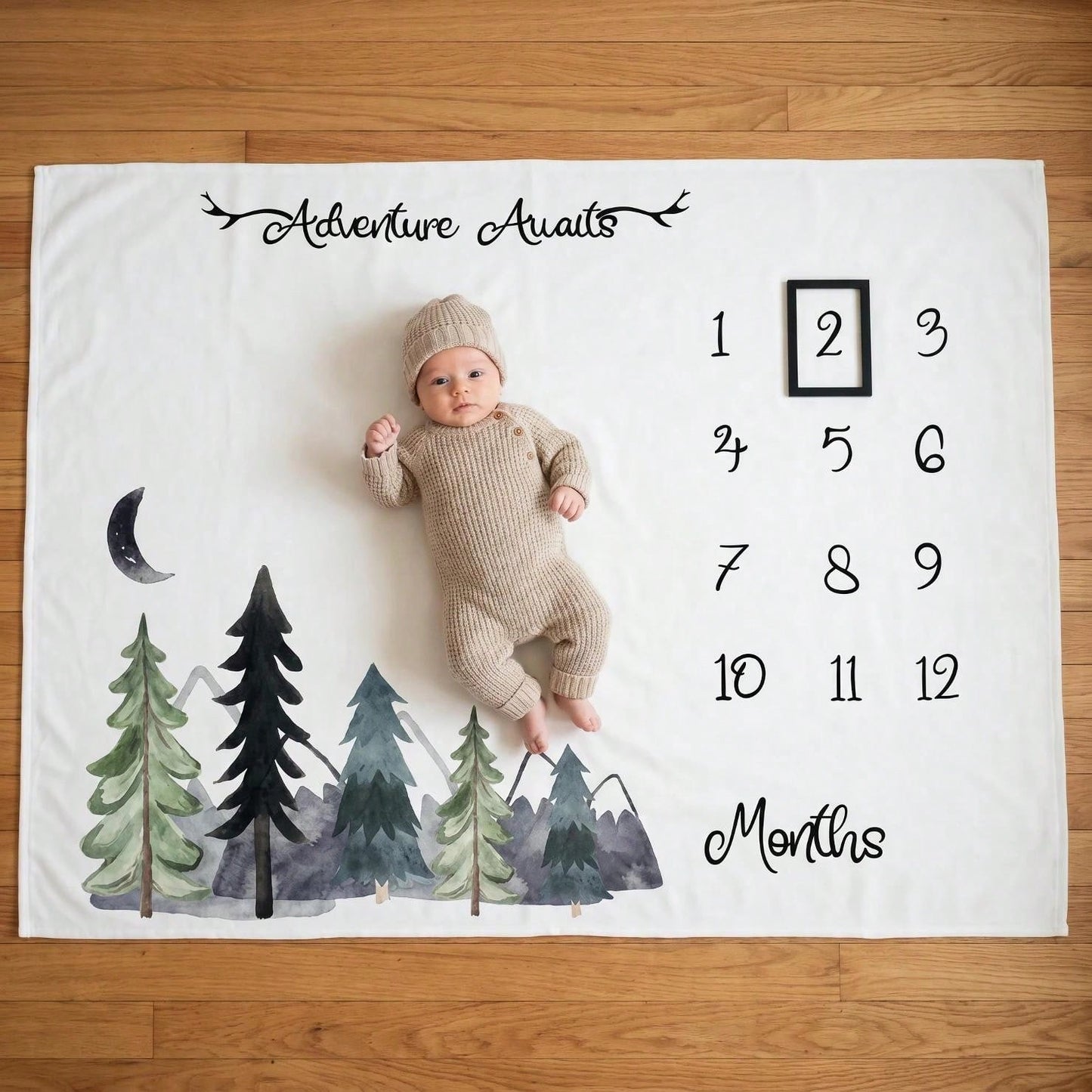 Newborn Forest Galaxy Floral Crescent Moon Theme Fabric Baby Monthly Milestone Commemorative Blanket, Cute Style Month Photo Prop Blanket, Photography Costume Accessory, Portrait Theme Blanket