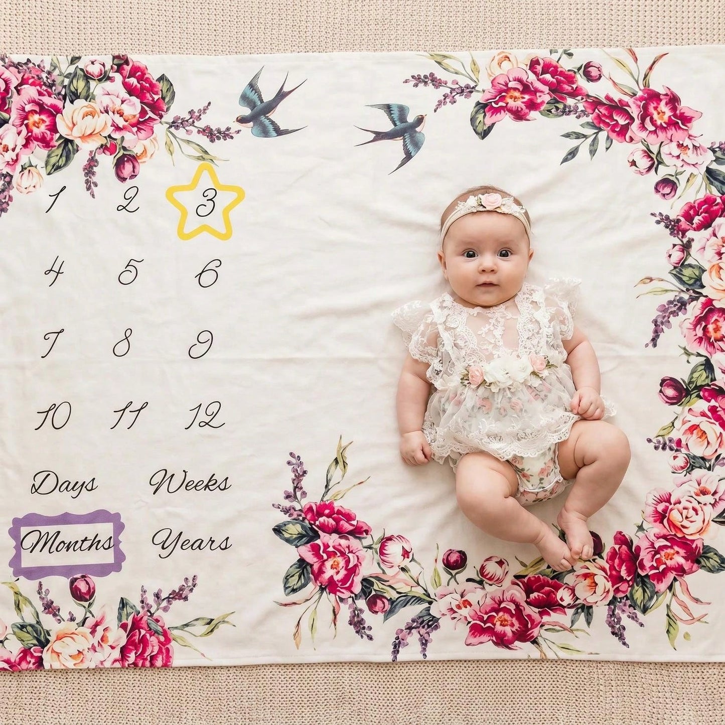 Newborn Forest Galaxy Floral Crescent Moon Theme Fabric Baby Monthly Milestone Commemorative Blanket, Cute Style Month Photo Prop Blanket, Photography Costume Accessory, Portrait Theme Blanket