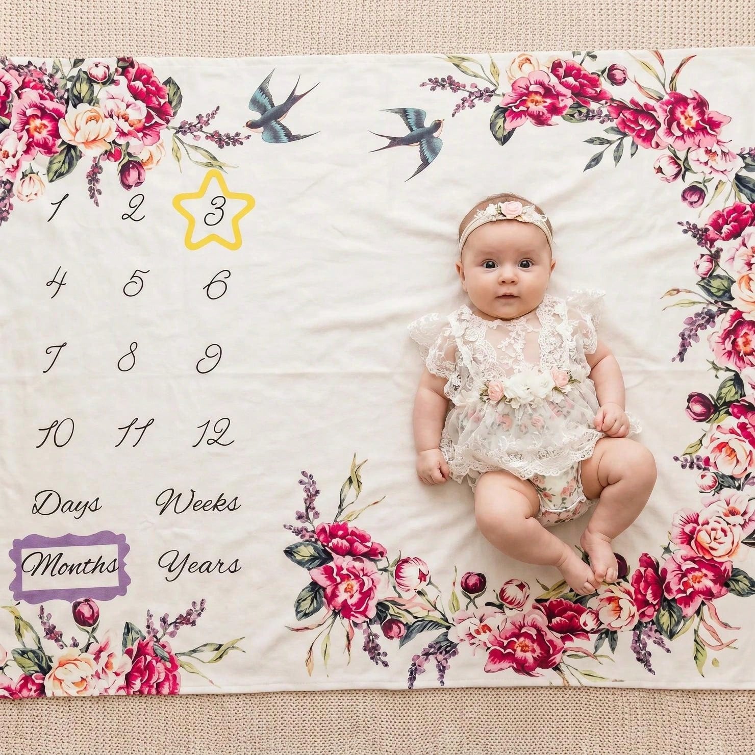 Newborn Forest Galaxy Floral Crescent Moon Theme Fabric Baby Monthly Milestone Commemorative Blanket, Cute Style Month Photo Prop Blanket, Photography Costume Accessory, Portrait Theme Blanket