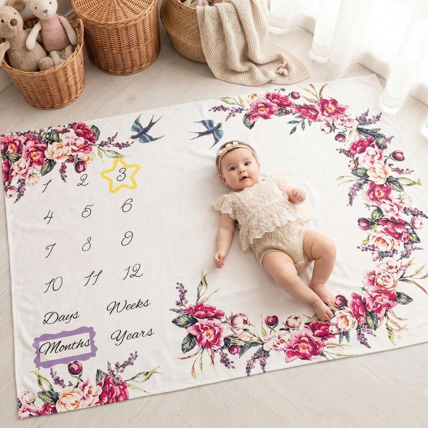 Newborn Forest Galaxy Floral Crescent Moon Theme Fabric Baby Monthly Milestone Commemorative Blanket, Cute Style Month Photo Prop Blanket, Photography Costume Accessory, Portrait Theme Blanket