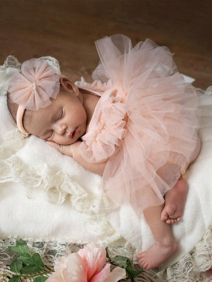 Newborn Girl Photography Outfits Newborn Lace Romper Set Infant Photoshoot Props Baby Girl Contrast Mesh Bodysuit With Headband