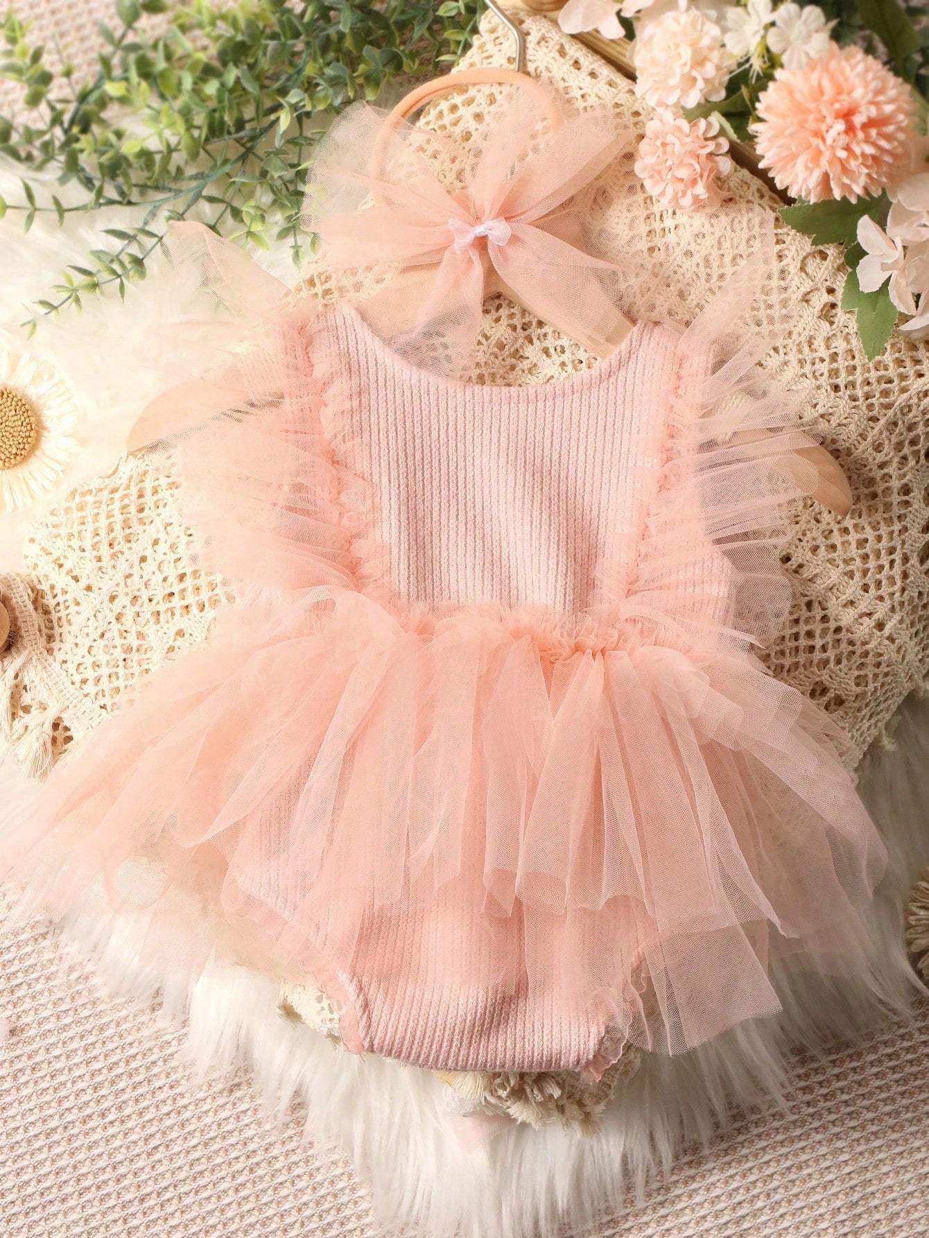 Newborn Girl Photography Outfits Newborn Lace Romper Set Infant Photoshoot Props Baby Girl Contrast Mesh Bodysuit With Headband