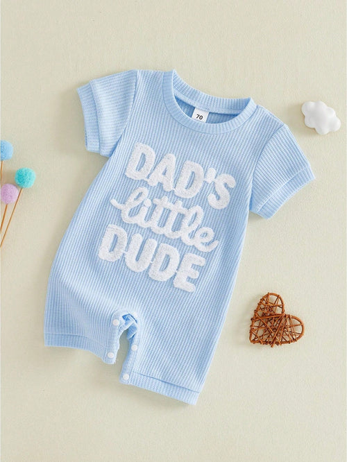 Newborn Infant Baby Boy Summer Jumpsuit Letter Embroidery Short Sleeve Crew Neck Romper Waffle Outfit