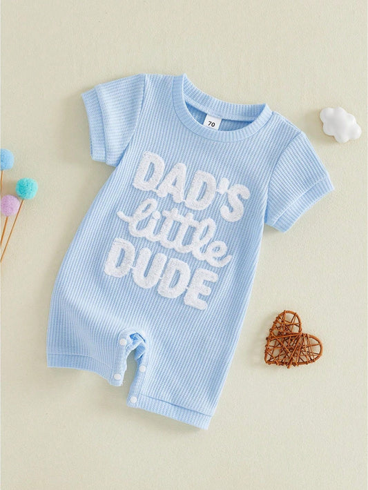 Newborn Infant Baby Boy Summer Jumpsuit Letter Embroidery Short Sleeve Crew Neck Romper Waffle Outfit