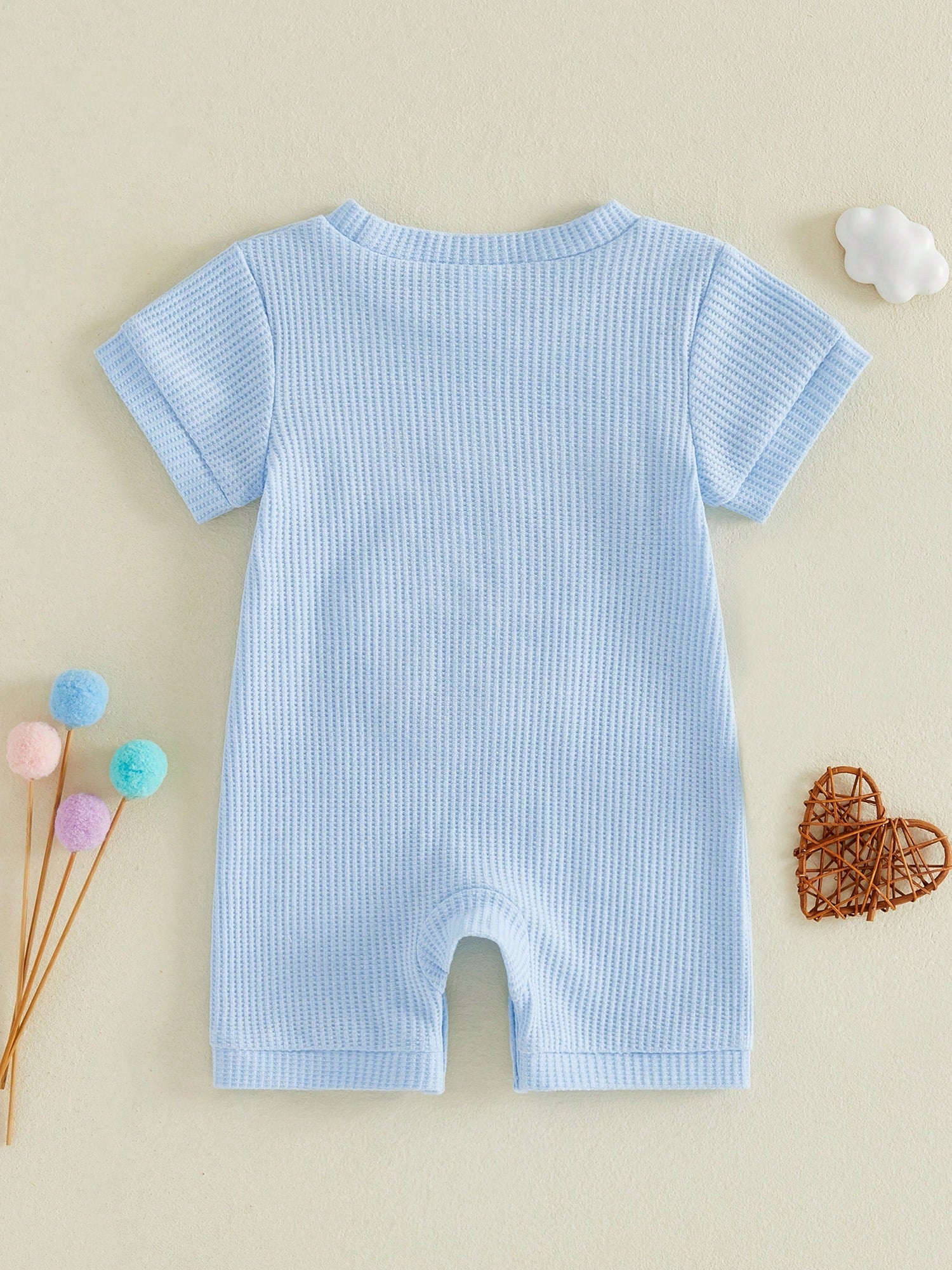 Newborn Infant Baby Boy Summer Jumpsuit Letter Embroidery Short Sleeve Crew Neck Romper Waffle Outfit