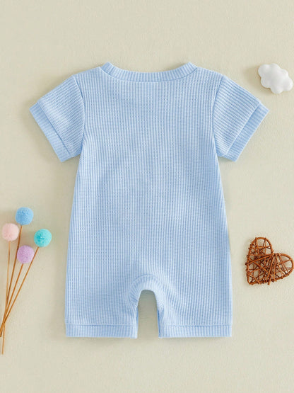 Newborn Infant Baby Boy Summer Jumpsuit Letter Embroidery Short Sleeve Crew Neck Romper Waffle Outfit
