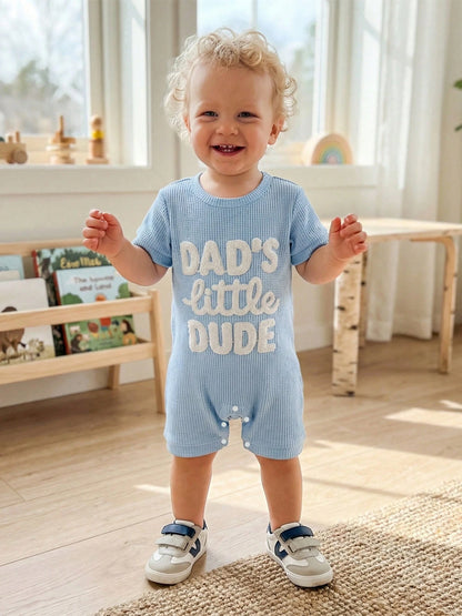 Newborn Infant Baby Boy Summer Jumpsuit Letter Embroidery Short Sleeve Crew Neck Romper Waffle Outfit