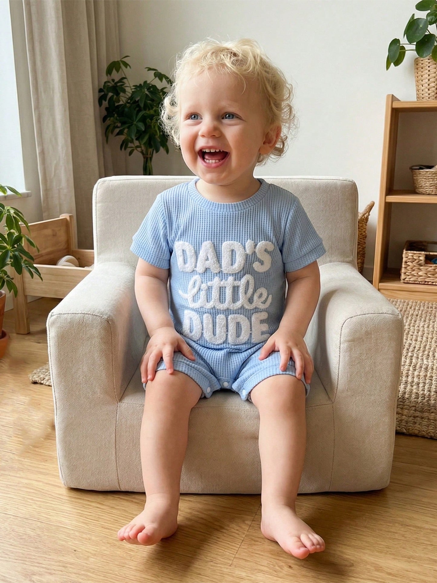 Newborn Infant Baby Boy Summer Jumpsuit Letter Embroidery Short Sleeve Crew Neck Romper Waffle Outfit