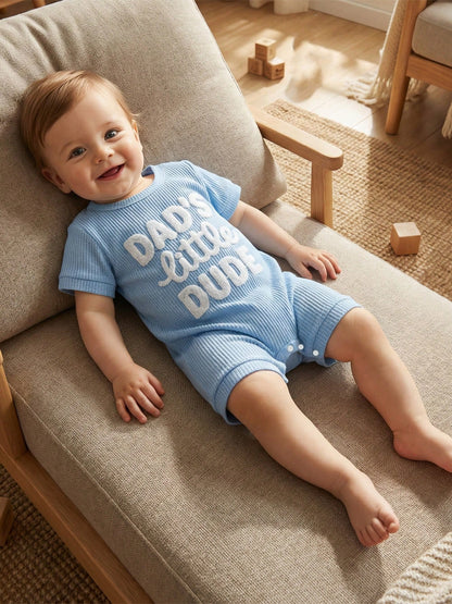 Newborn Infant Baby Boy Summer Jumpsuit Letter Embroidery Short Sleeve Crew Neck Romper Waffle Outfit