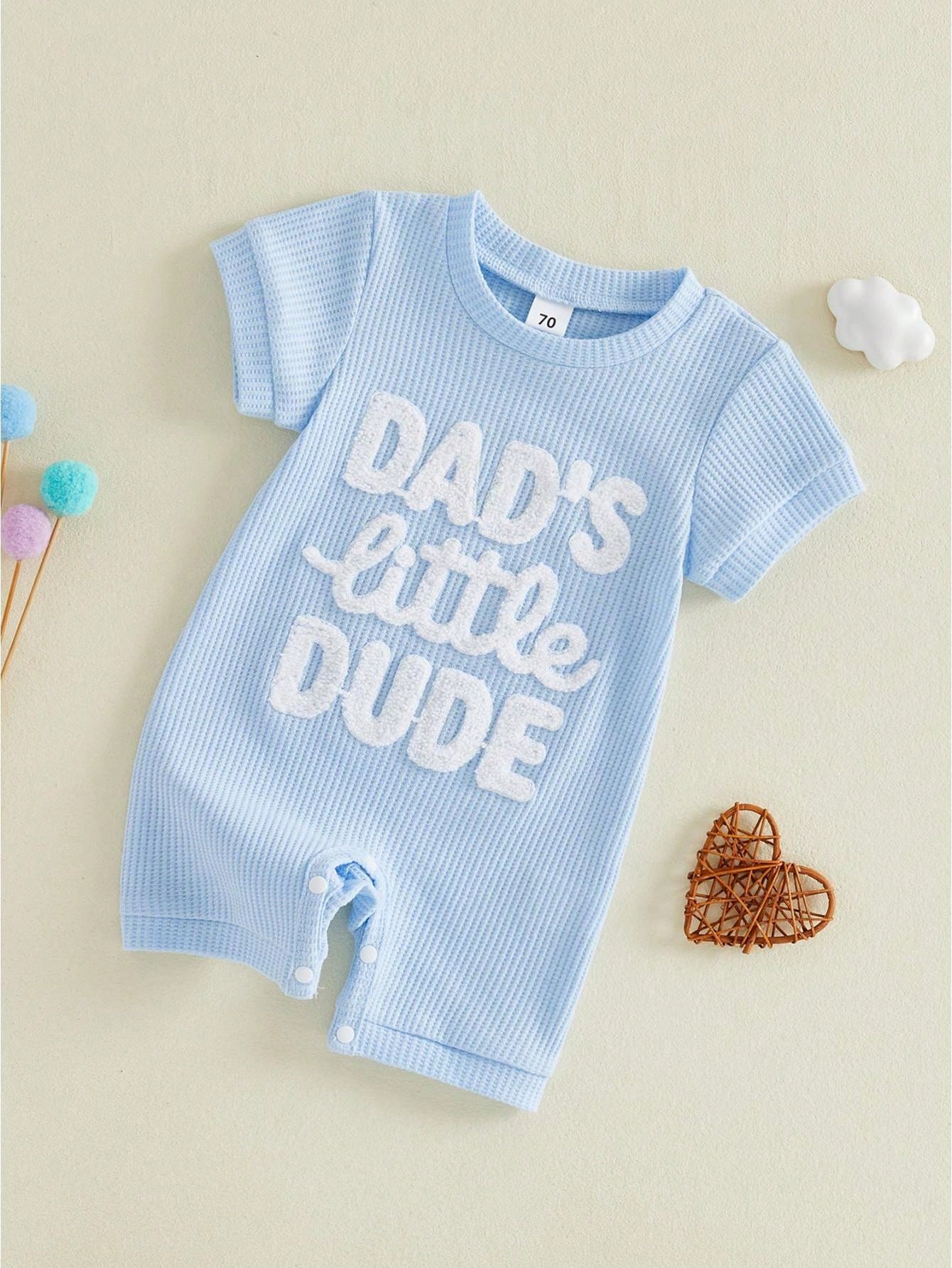 Newborn Infant Baby Boy Summer Jumpsuit Letter Embroidery Short Sleeve Crew Neck Romper Waffle Outfit