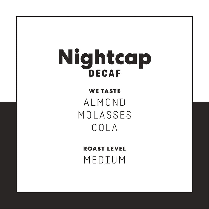 Nightcap Decaf packaging page featuring bold Nightcap title and almond molasses sequences on white background