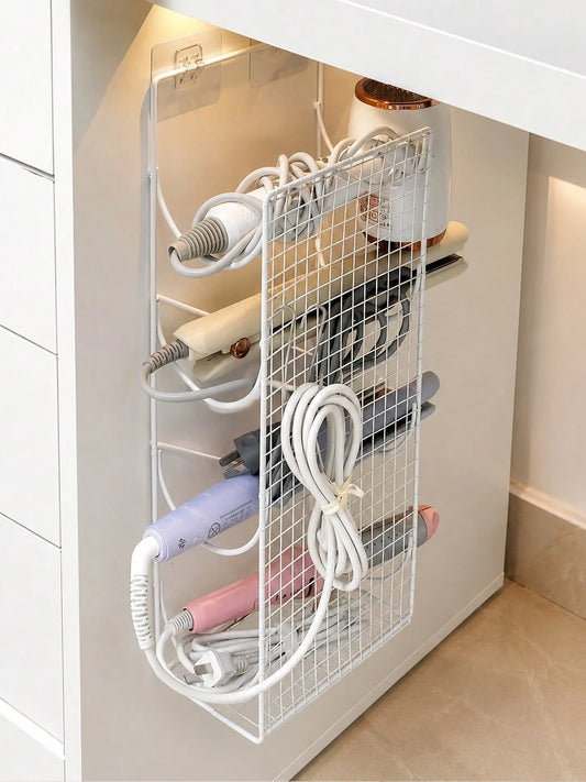 No-Drill Wall-Mounted Hair Tool Organizer, Large Capacity 4-Compartment Design, Holds Hair Dryer, Curling Iron, Flat Iron, With Hooks, Space Saving