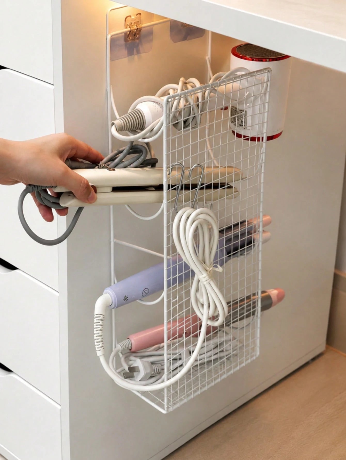 No-Drill Wall-Mounted Hair Tool Organizer, Large Capacity 4-Compartment Design, Holds Hair Dryer, Curling Iron, Flat Iron, With Hooks, Space Saving