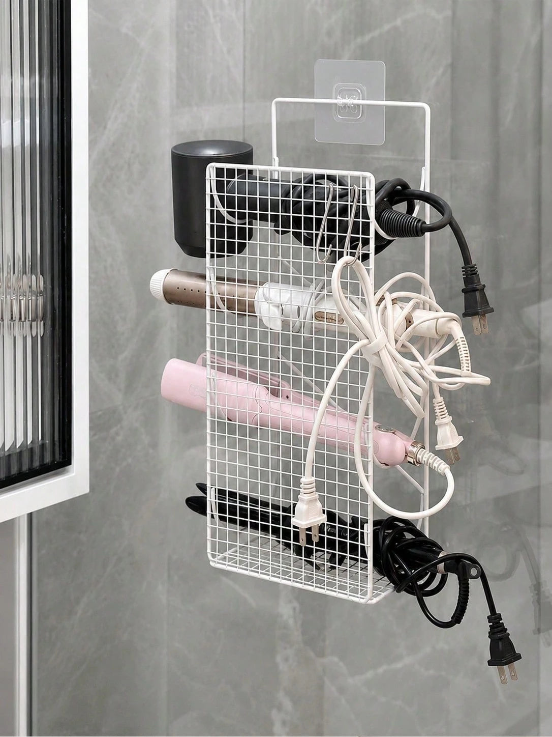 No-Drill Wall-Mounted Hair Tool Organizer, Large Capacity 4-Compartment Design, Holds Hair Dryer, Curling Iron, Flat Iron, With Hooks, Space Saving