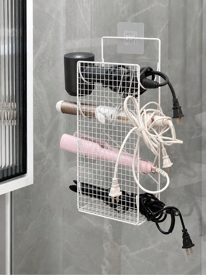 No-Drill Wall-Mounted Hair Tool Organizer, Large Capacity 4-Compartment Design, Holds Hair Dryer, Curling Iron, Flat Iron, With Hooks, Space Saving