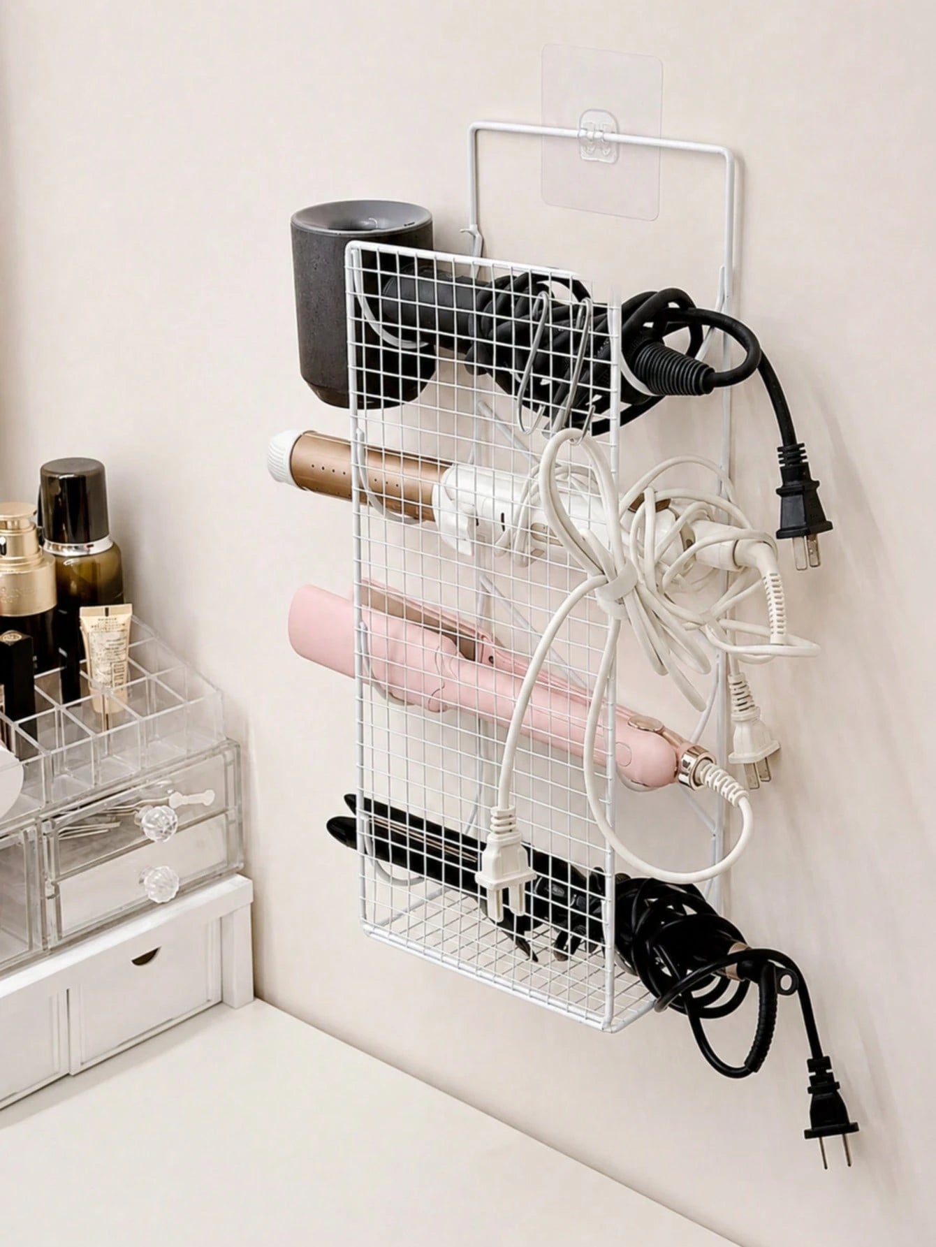 No-Drill Wall-Mounted Hair Tool Organizer, Large Capacity 4-Compartment Design, Holds Hair Dryer, Curling Iron, Flat Iron, With Hooks, Space Saving