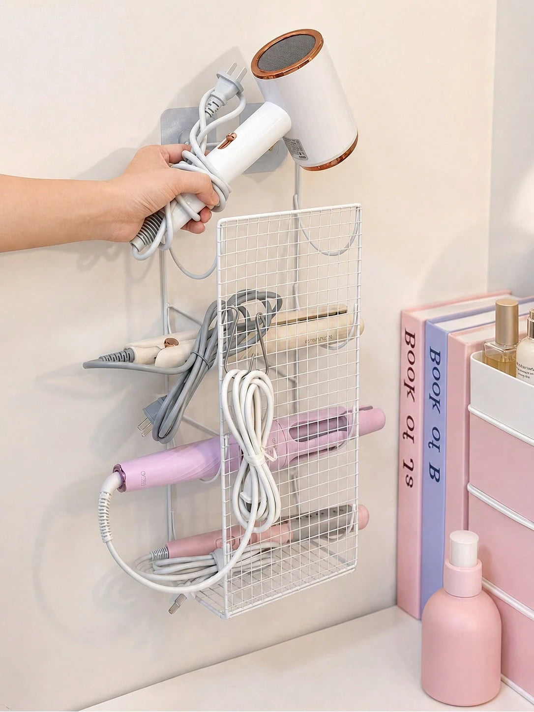 No-Drill Wall-Mounted Hair Tool Organizer, Large Capacity 4-Compartment Design, Holds Hair Dryer, Curling Iron, Flat Iron, With Hooks, Space Saving