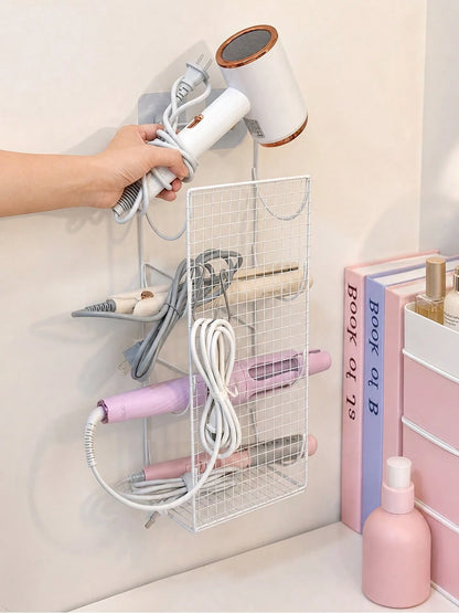 No-Drill Wall-Mounted Hair Tool Organizer, Large Capacity 4-Compartment Design, Holds Hair Dryer, Curling Iron, Flat Iron, With Hooks, Space Saving