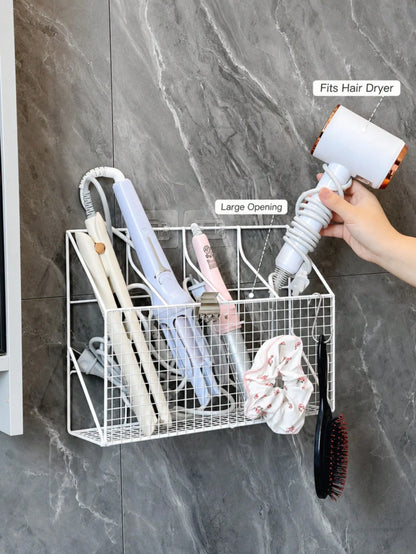 No-Drill Wall-Mounted Hair Tool Organizer, Large Capacity 4-Compartment Design, Holds Hair Dryer, Curling Iron, Flat Iron, With Hooks, Space Saving
