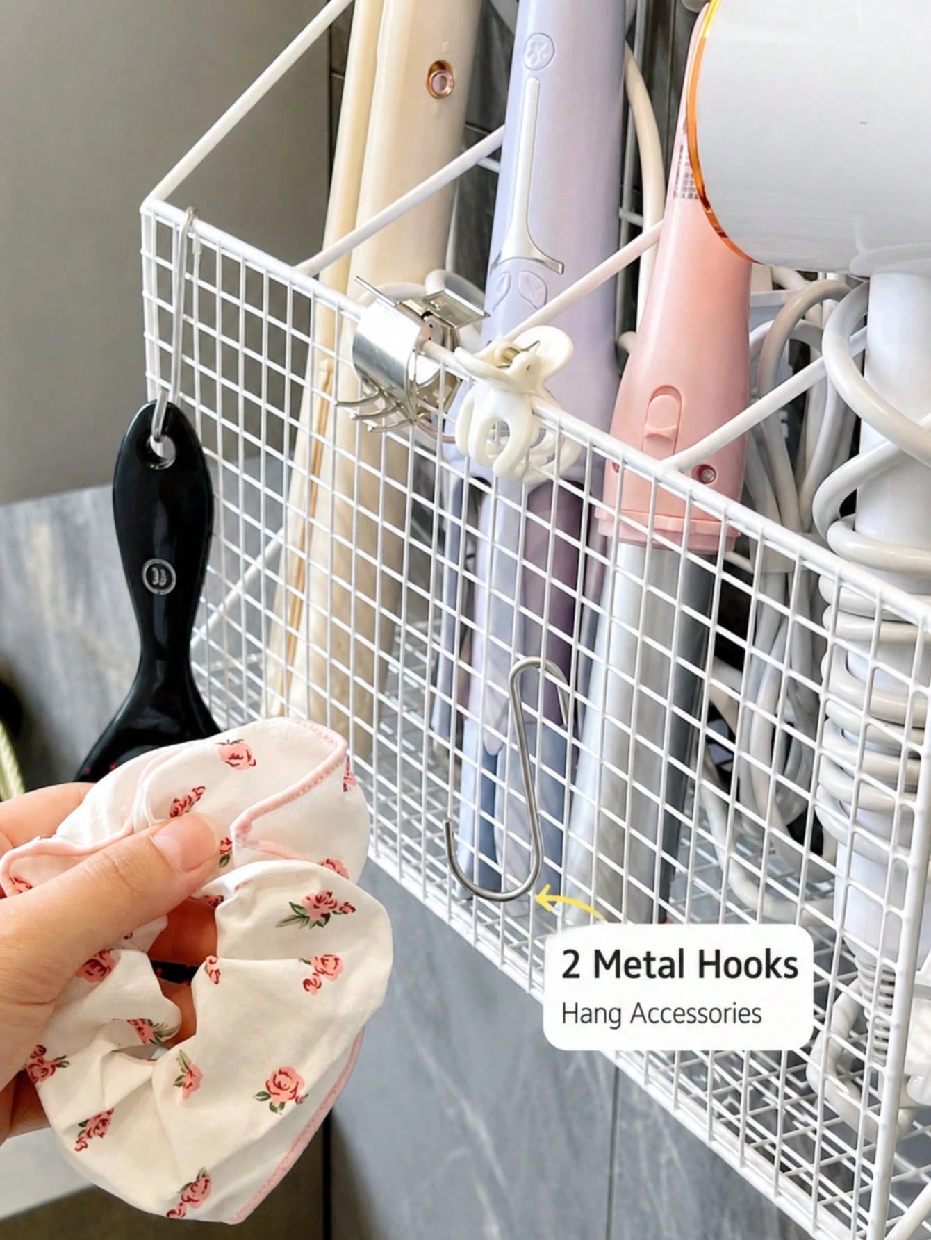 No-Drill Wall-Mounted Hair Tool Organizer, Large Capacity 4-Compartment Design, Holds Hair Dryer, Curling Iron, Flat Iron, With Hooks, Space Saving