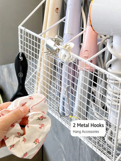 No-Drill Wall-Mounted Hair Tool Organizer, Large Capacity 4-Compartment Design, Holds Hair Dryer, Curling Iron, Flat Iron, With Hooks, Space Saving