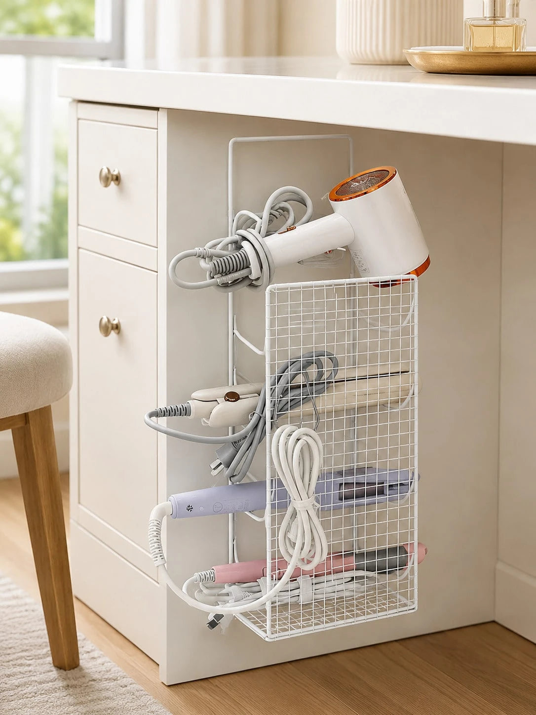 No-Drill Wall-Mounted Hair Tool Organizer, Large Capacity 4-Compartment Design, Holds Hair Dryer, Curling Iron, Flat Iron, With Hooks, Space Saving