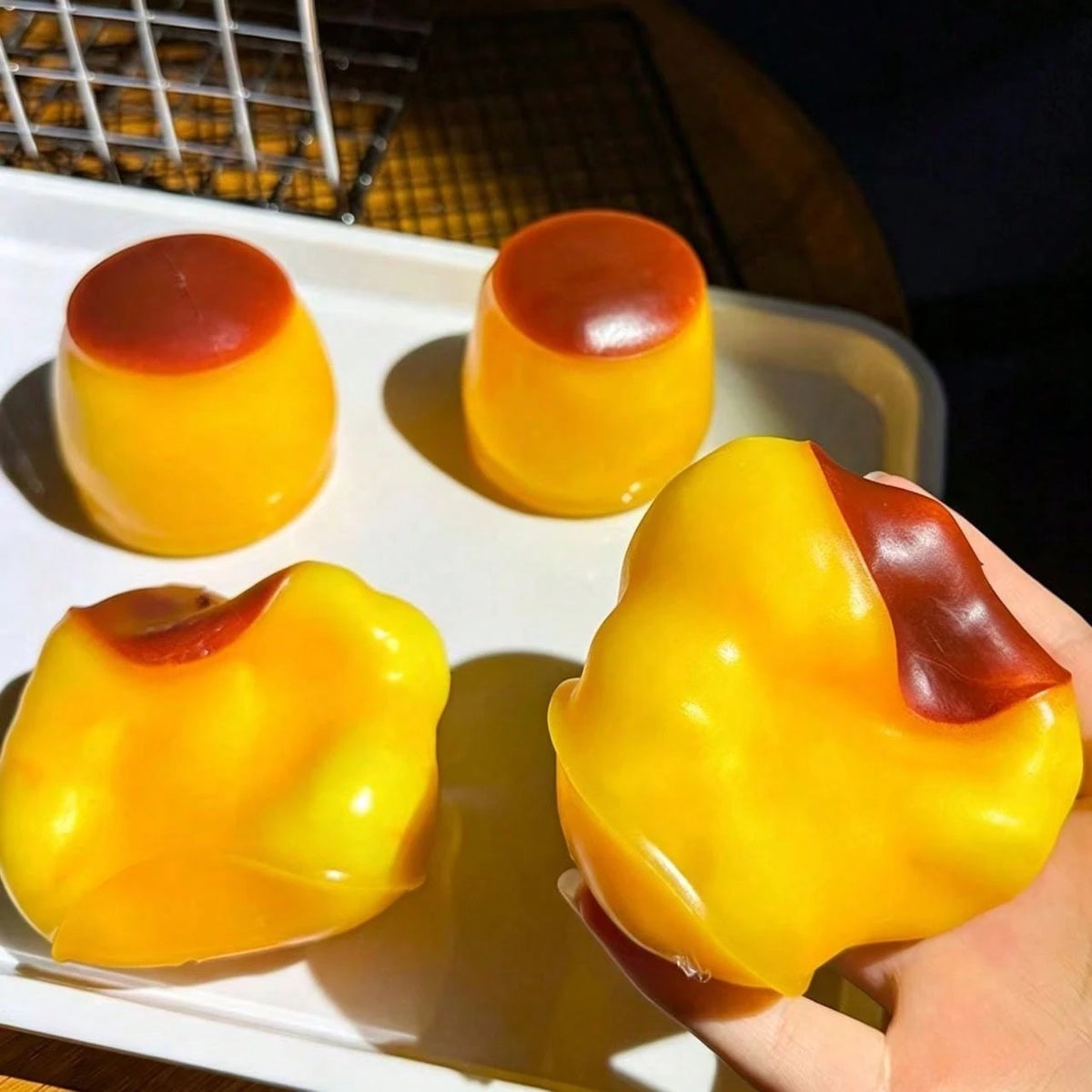 Non‑Rebound Slow Caramel Pudding Stress Ball, Soft Crispy Bead Filled Sticky Silicone Squeeze Toy, Realistic Food Dessert Handmade Fidget Toy Adult Anxiety Relief & Party Favors