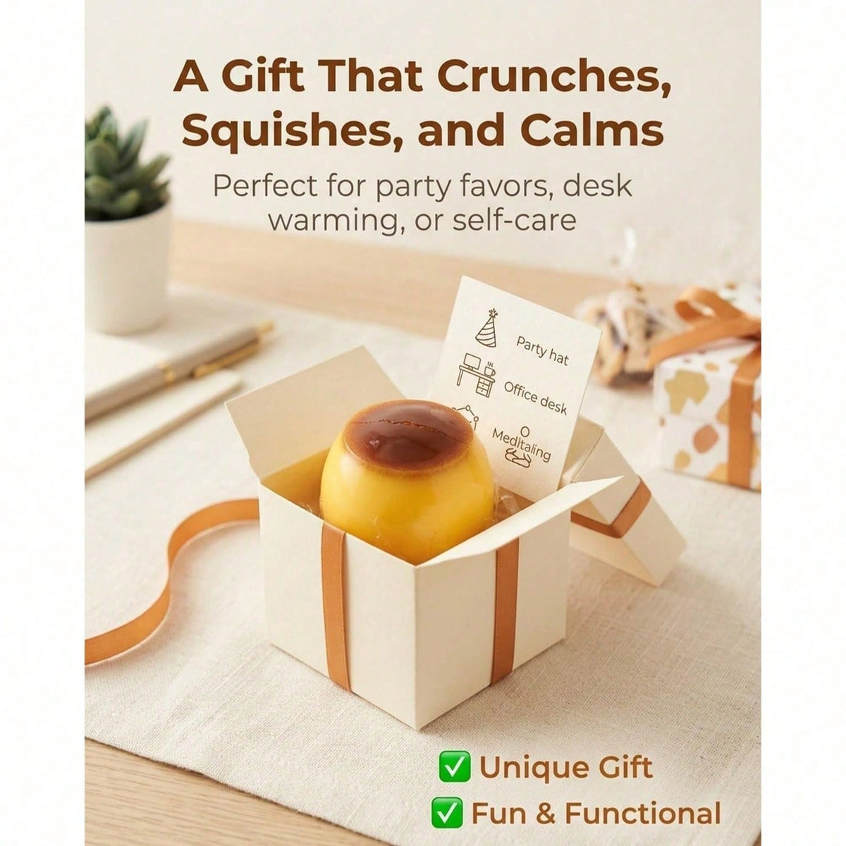 Non‑Rebound Slow Caramel Pudding Stress Ball, Soft Crispy Bead Filled Sticky Silicone Squeeze Toy, Realistic Food Dessert Handmade Fidget Toy Adult Anxiety Relief & Party Favors