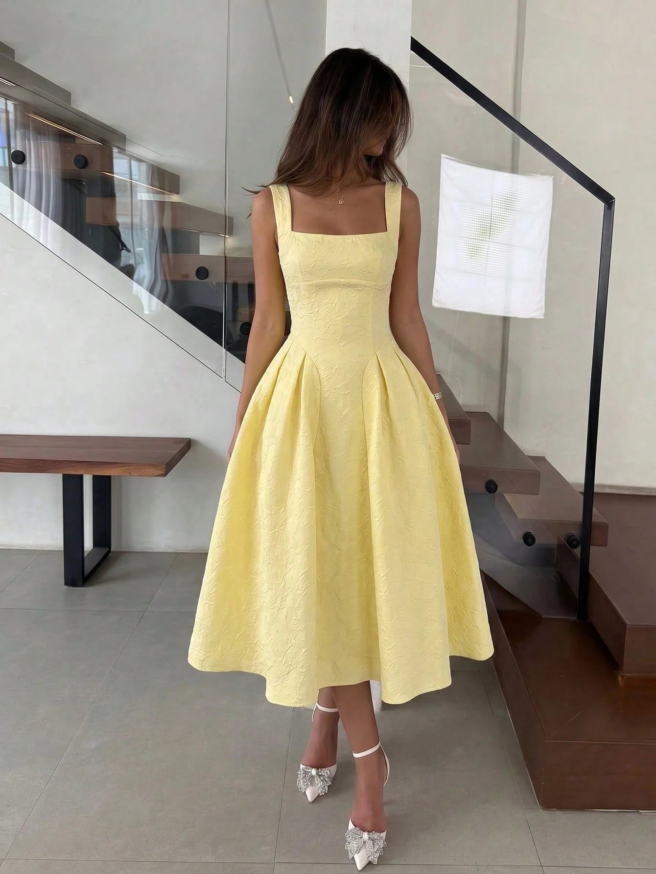 NOVVYNE Yellow Textured Square Neck Tie-Waist A-Line Dress Pale Yellow Square Neck Textured Midi Dress Outdoor Picnic & Vacation Fall Dress