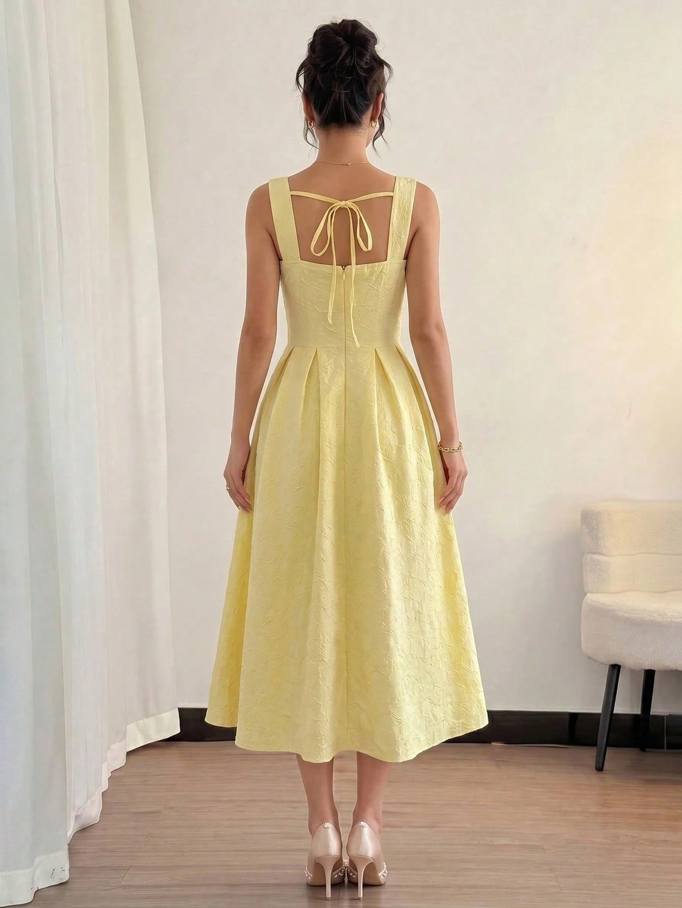 NOVVYNE Yellow Textured Square Neck Tie-Waist A-Line Dress Pale Yellow Square Neck Textured Midi Dress Outdoor Picnic & Vacation Fall Dress