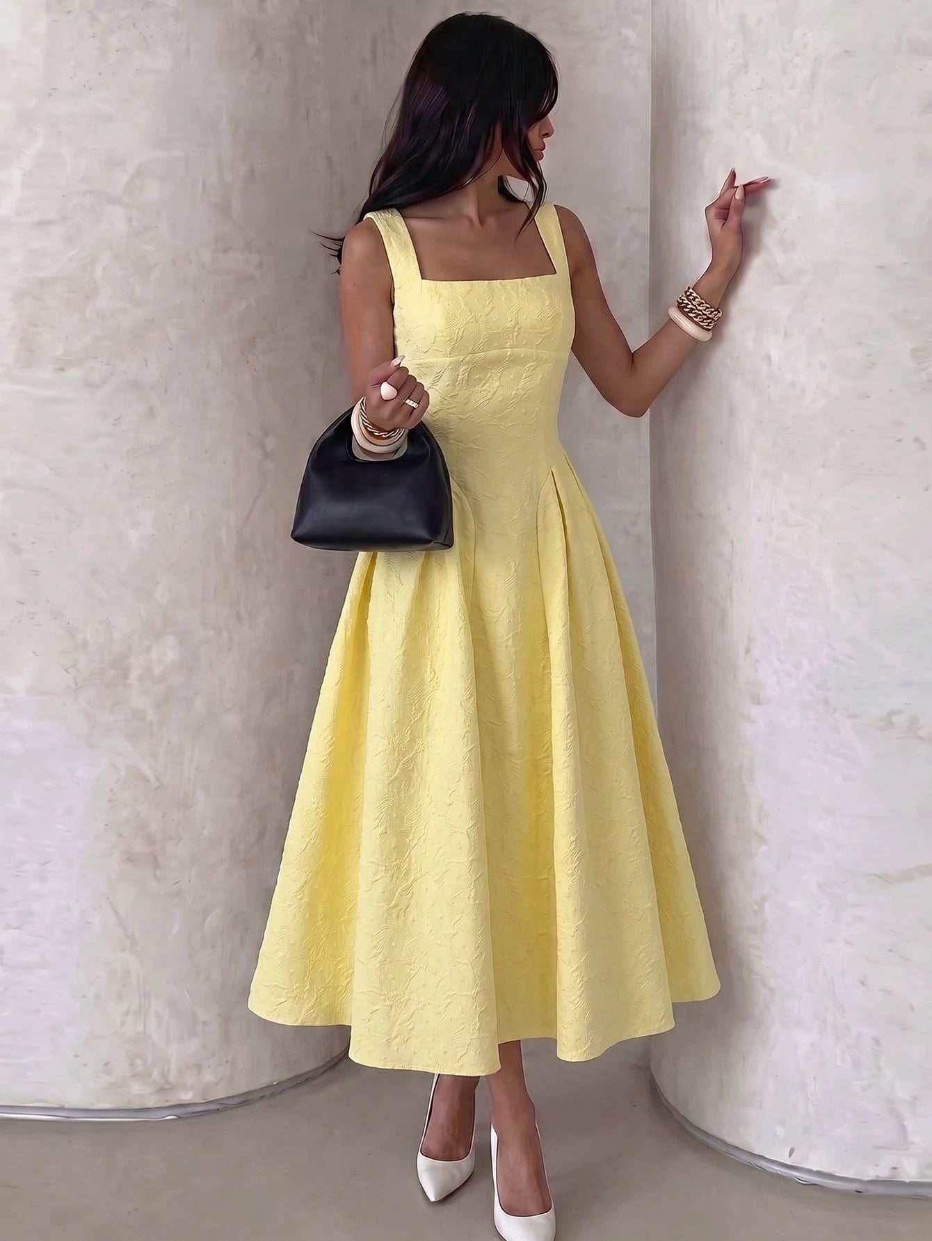 NOVVYNE Yellow Textured Square Neck Tie-Waist A-Line Dress Pale Yellow Square Neck Textured Midi Dress Outdoor Picnic & Vacation Fall Dress