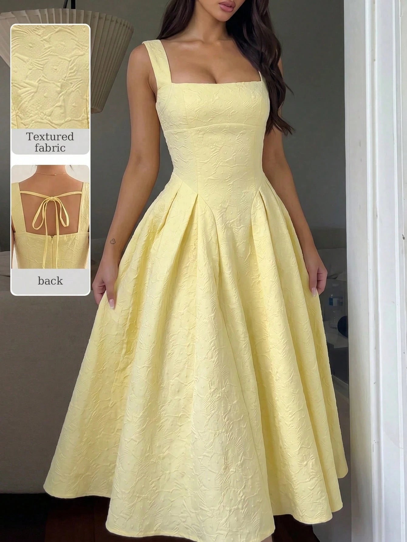 NOVVYNE Yellow Textured Square Neck Tie-Waist A-Line Dress Pale Yellow Square Neck Textured Midi Dress Outdoor Picnic & Vacation Fall Dress