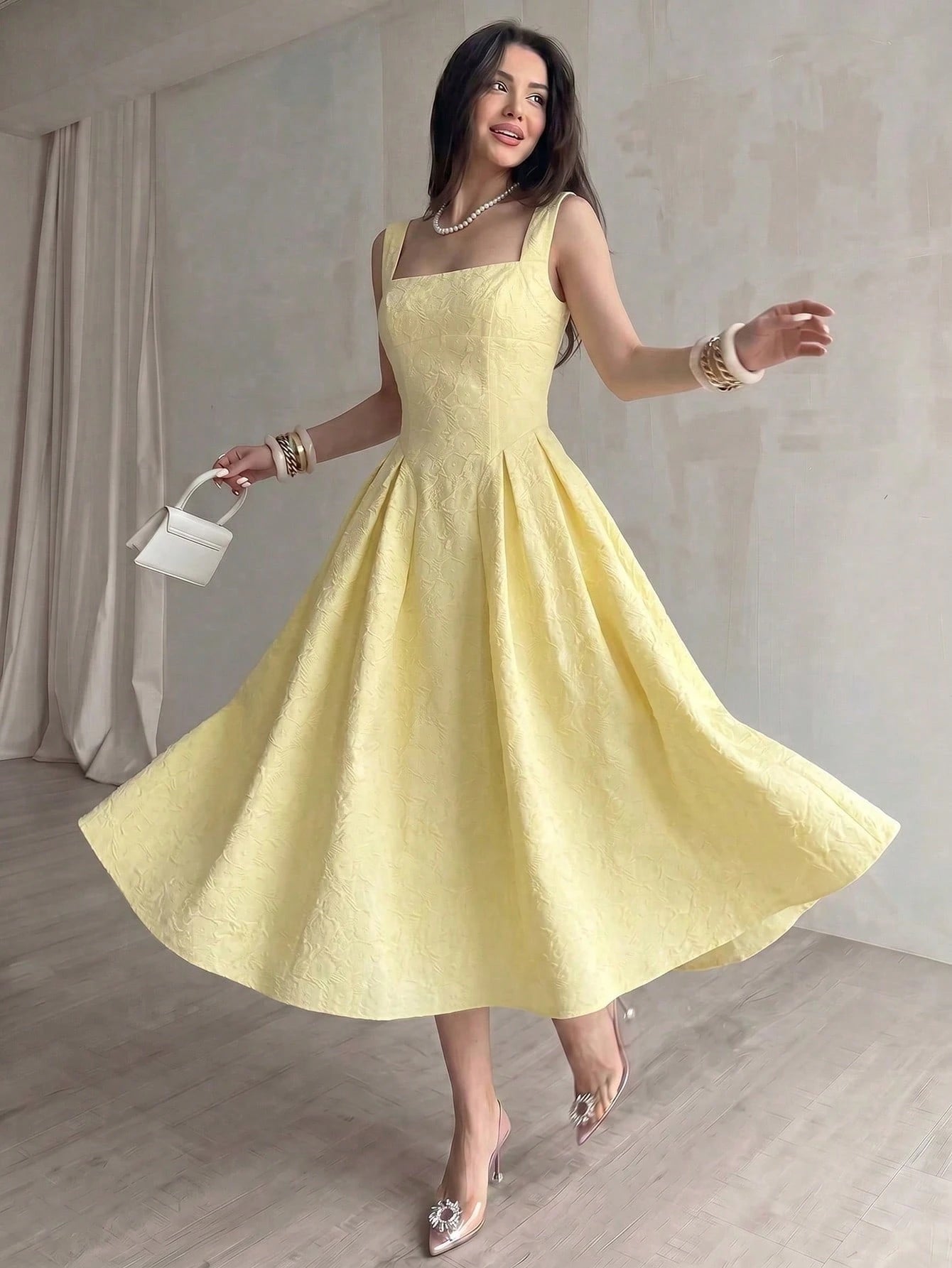 NOVVYNE Yellow Textured Square Neck Tie-Waist A-Line Dress Pale Yellow Square Neck Textured Midi Dress Outdoor Picnic & Vacation Fall Dress
