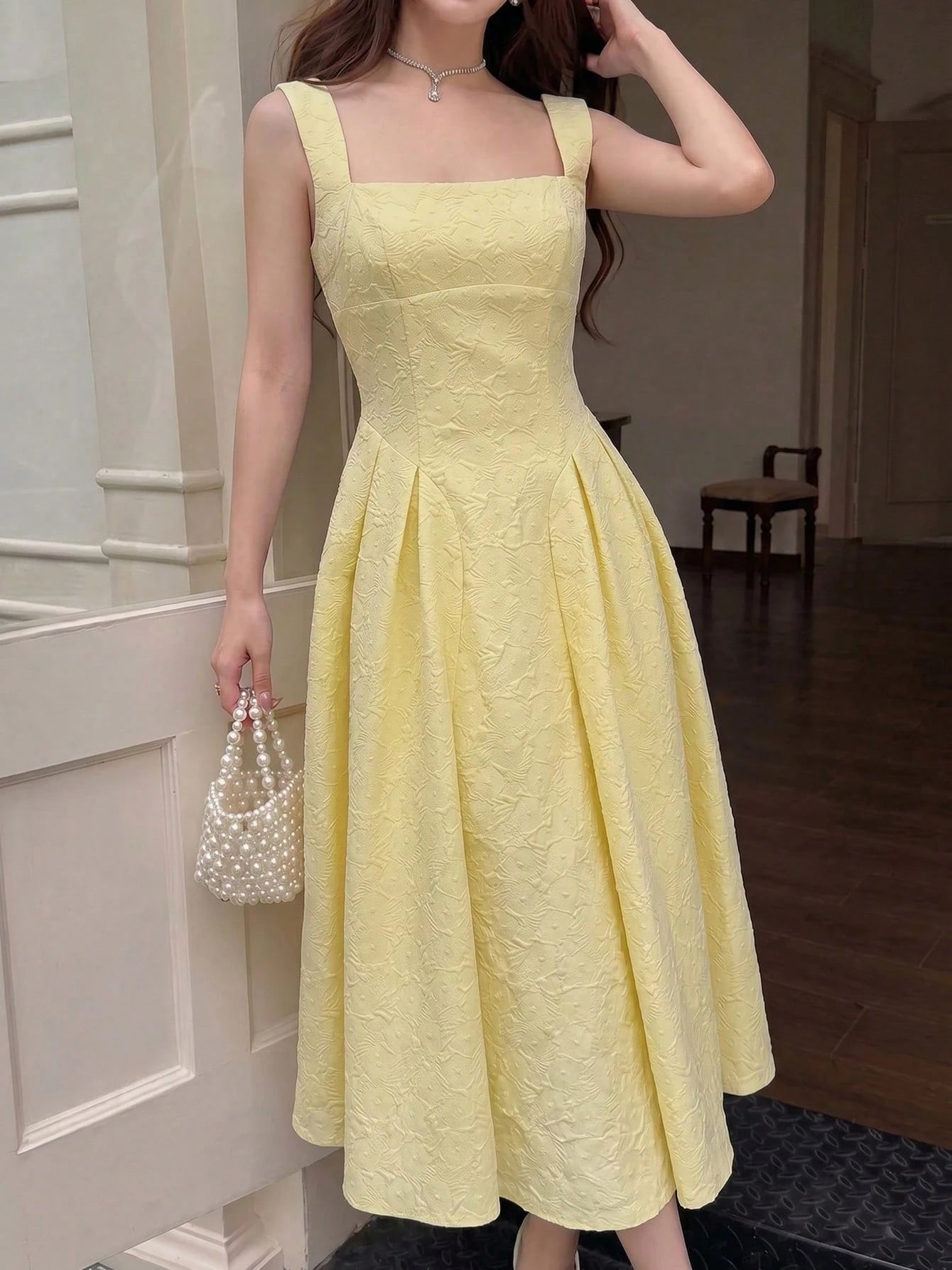 NOVVYNE Yellow Textured Square Neck Tie-Waist A-Line Dress Pale Yellow Square Neck Textured Midi Dress Outdoor Picnic & Vacation Fall Dress