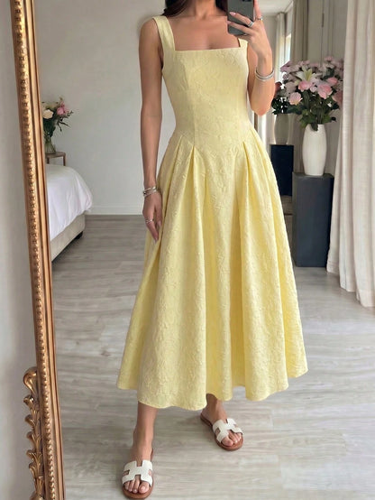 NOVVYNE Yellow Textured Square Neck Tie-Waist A-Line Dress Pale Yellow Square Neck Textured Midi Dress Outdoor Picnic & Vacation Fall Dress