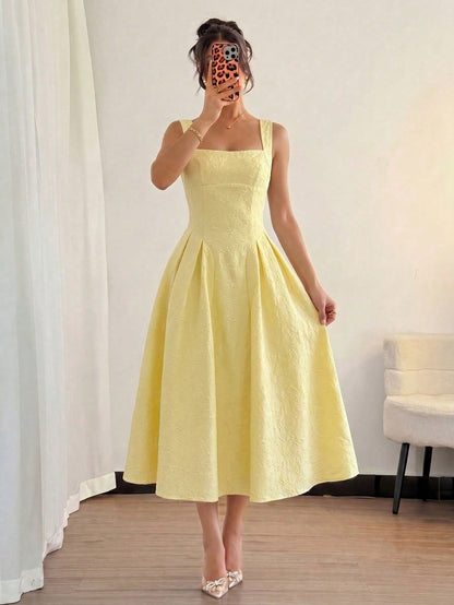NOVVYNE Yellow Textured Square Neck Tie-Waist A-Line Dress Pale Yellow Square Neck Textured Midi Dress Outdoor Picnic & Vacation Fall Dress
